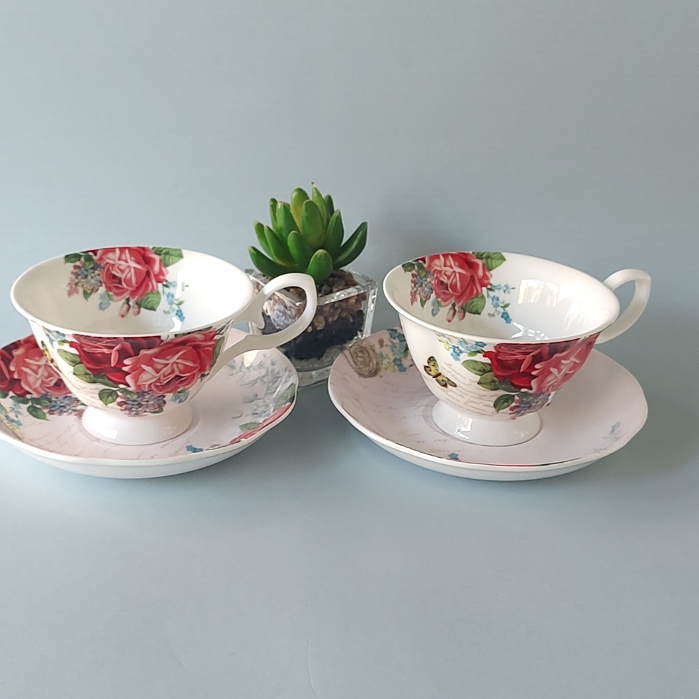 Teacup & Saucer Vintage Rose Sampson Stechcol Glacier Bone Microwave Safe 4 Piec